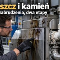 Technik ogląda tłusty nalot na maszynie i osad mineralny na instalacji wodnej – grafika AI.