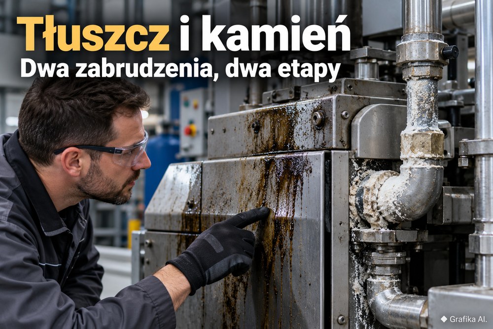Technik ogląda tłusty nalot na maszynie i osad mineralny na instalacji wodnej – grafika AI.