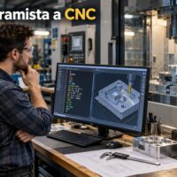 Programista analizuje program i model detalu CNC
