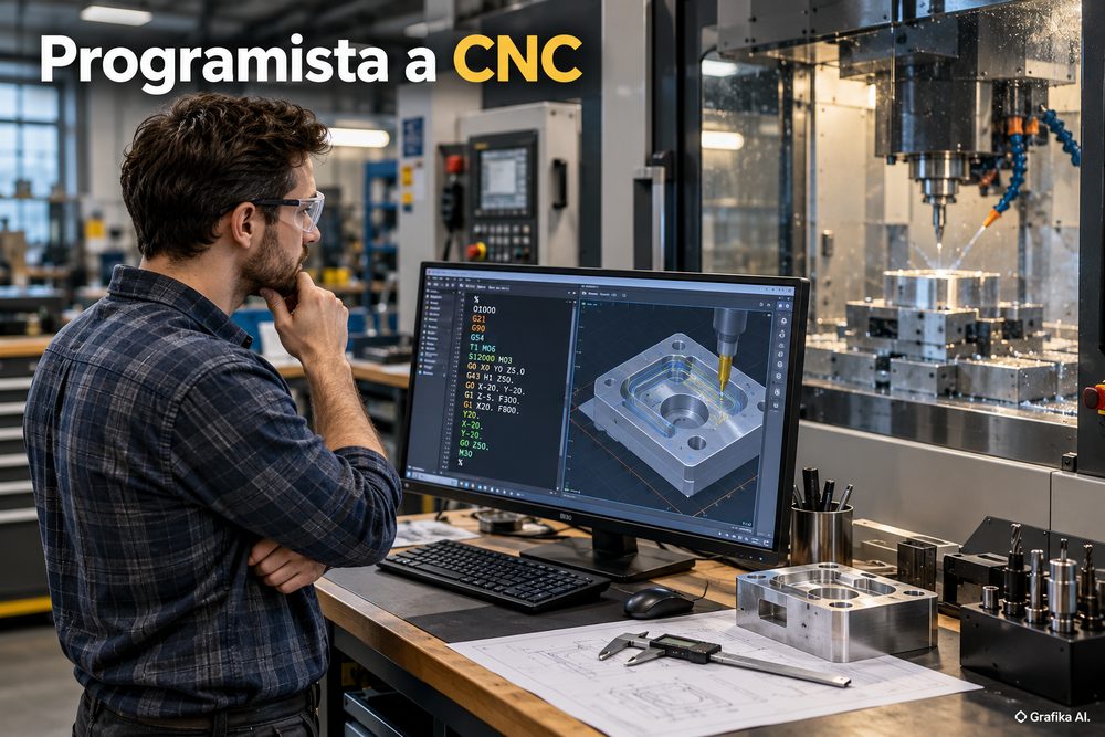Programista analizuje program i model detalu CNC