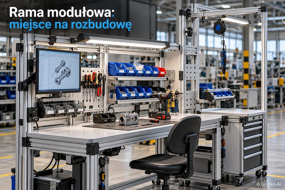 Modułowe stanowisko montażowe z miejscem na rozbudowę ramy