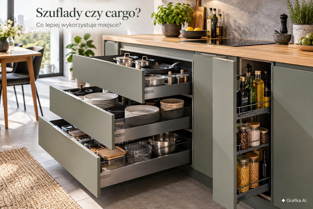 Szuflady i wąskie cargo w dolnych szafkach kuchennych